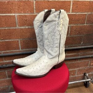 White Ostrich Print Leather Western Cowboy Boots